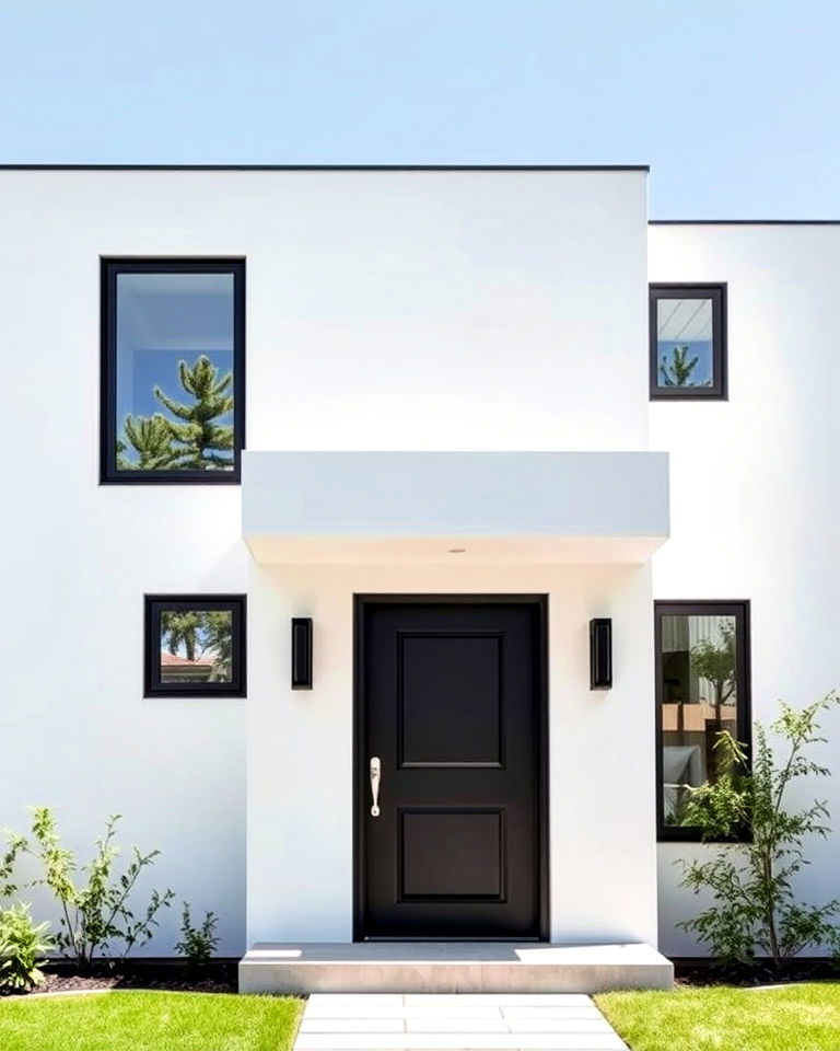 black door on a white cubic exterior house