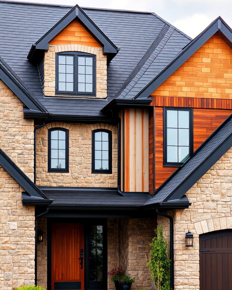 black exterior roof with stone wood and metal accents