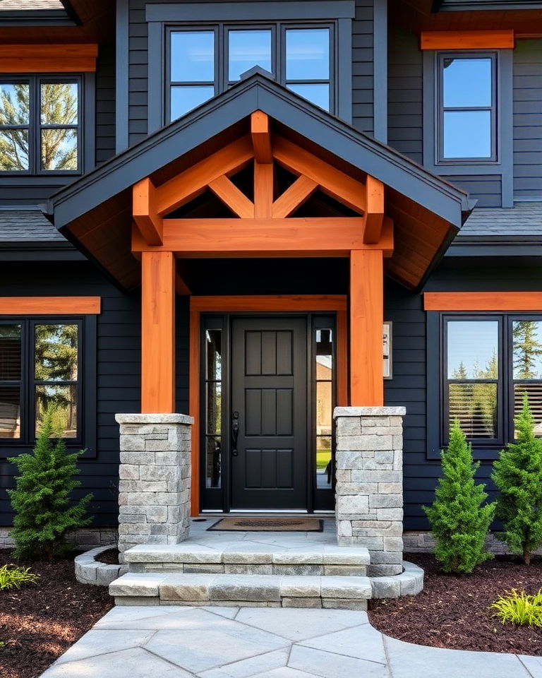 black exterior with cedar and stone elements