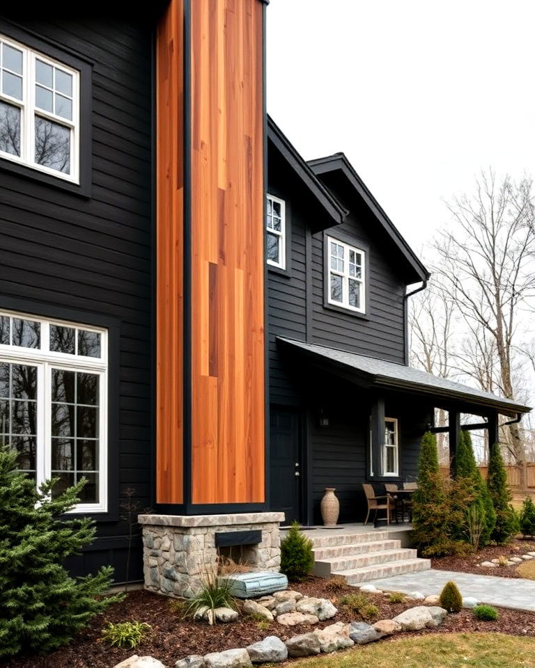 black exterior with cedar clad chimney