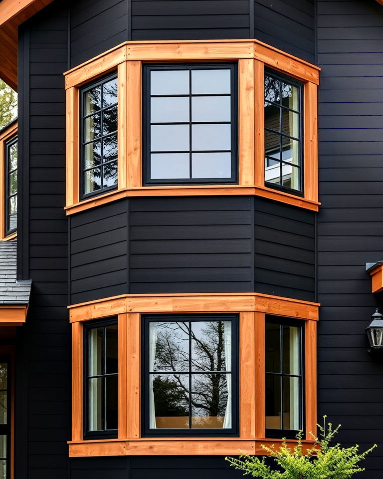 black exterior with cedar framed corner windows