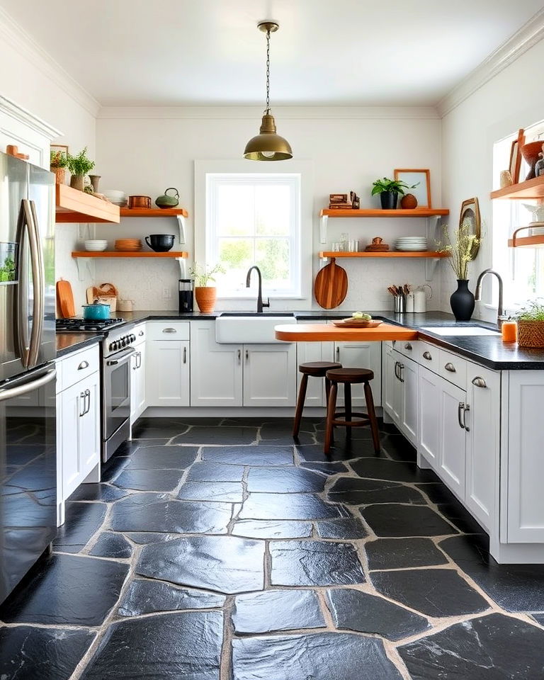 black flagstone kitchen flooring for an organic look