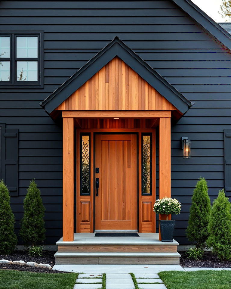 black horizontal siding with cedar entryway