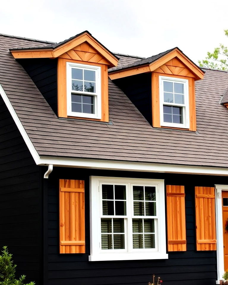 black house with cedar dormer accents