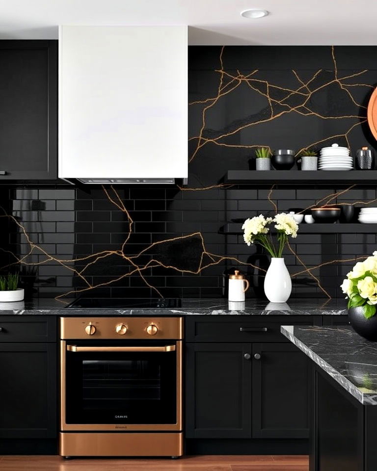 black kitchen backsplash with gold accents