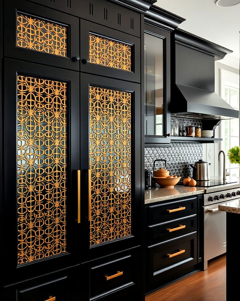 black kitchen cabinetry with gold lattice doors
