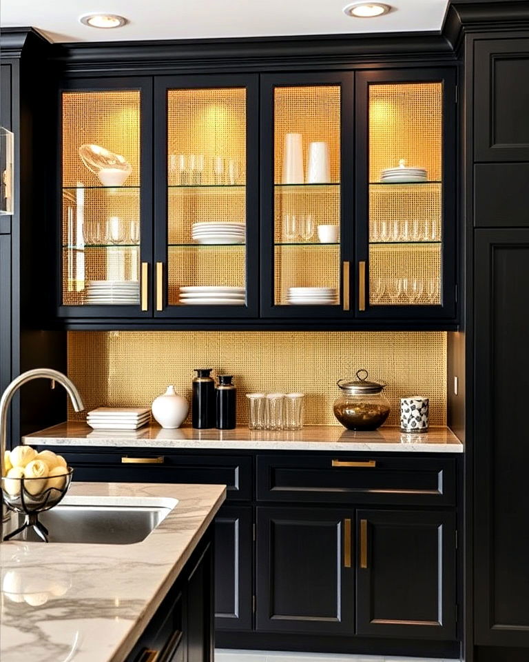 black kitchen cabinets with gold mesh inserts
