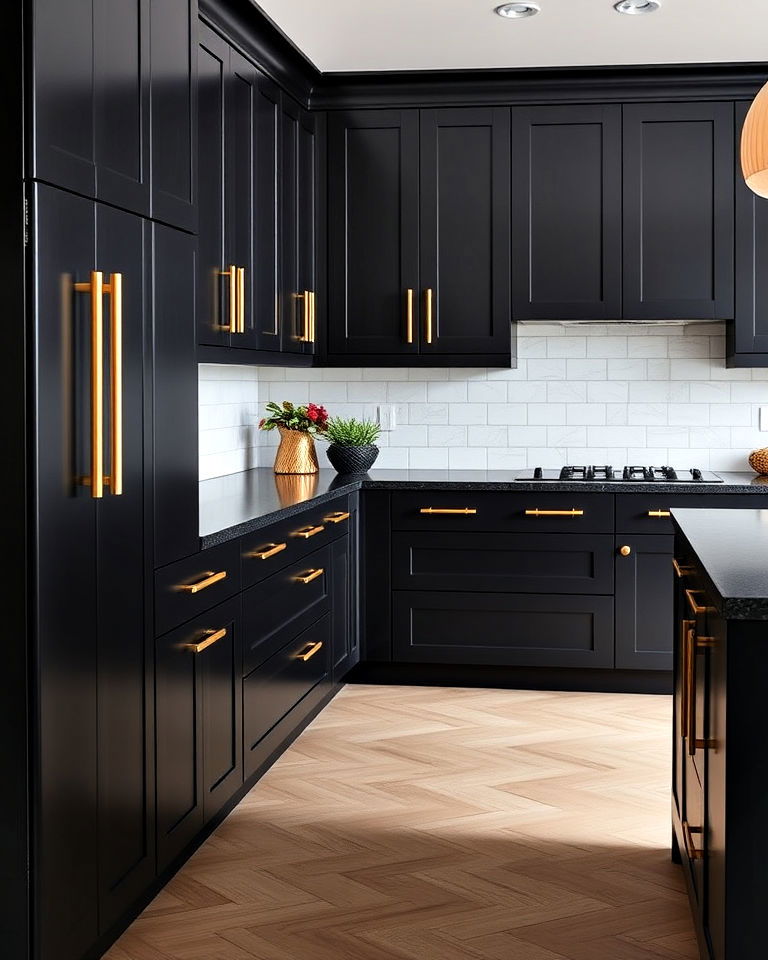 black kitchen cabinets with sleek gold handles