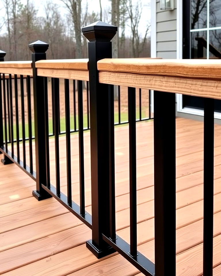 black metal railings with wood handrails