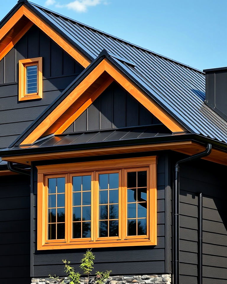 black metal roofing with cedar accented eaves