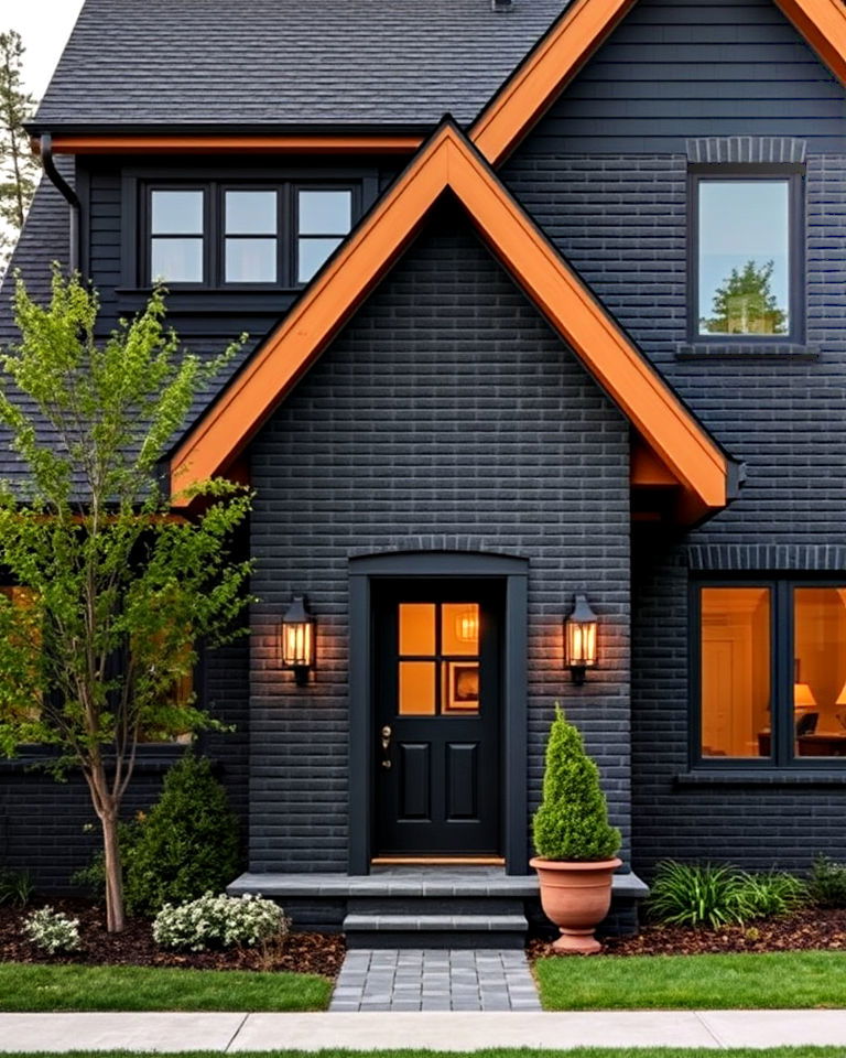 black painted brick with cedar roofline accents