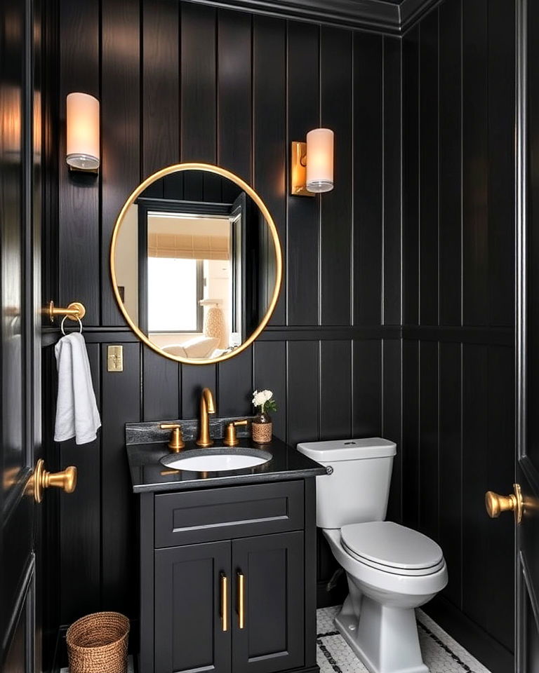 black paneling with gold fixtures powder room