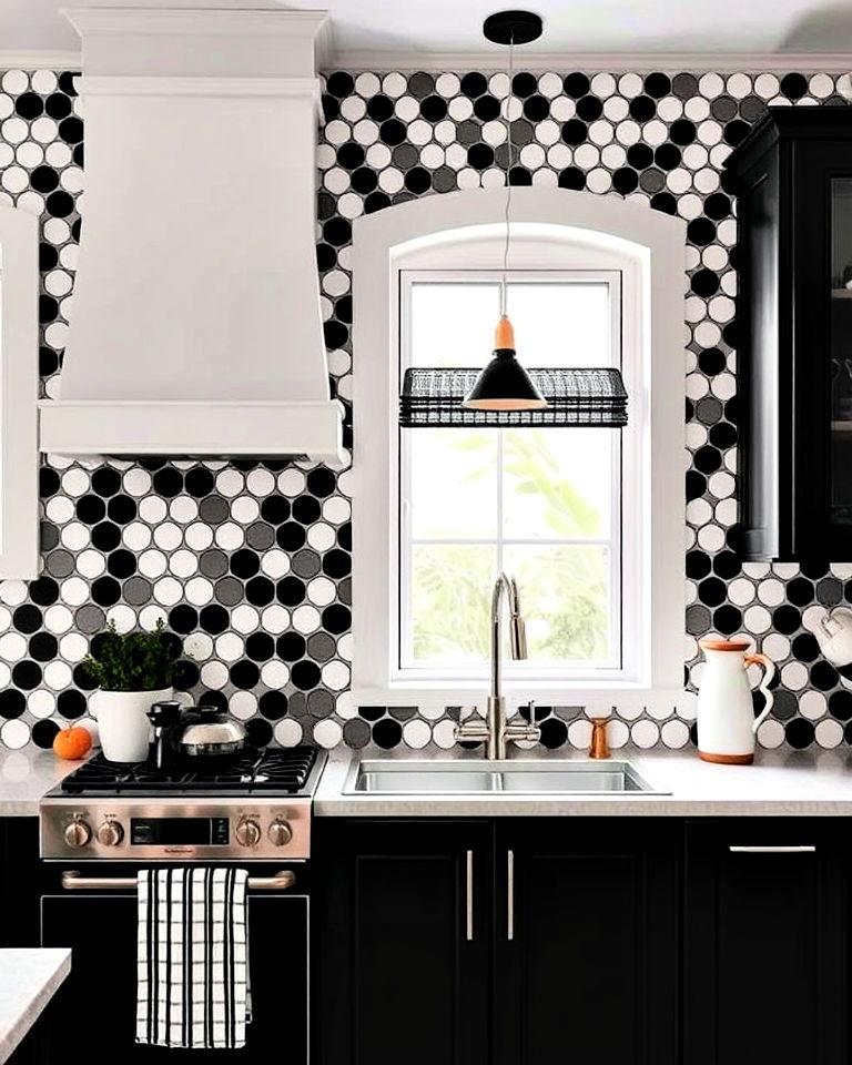 black penny tiles backsplash with white accents