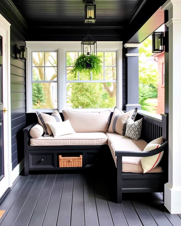 black porch with built in seating