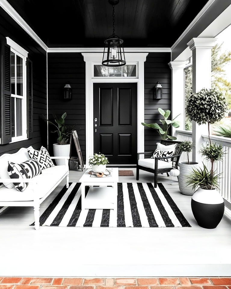 black porch with monochromatic décor