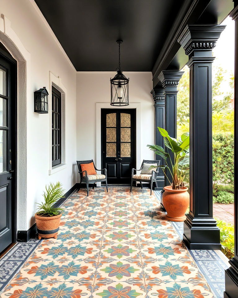 black porch with patterned tiles