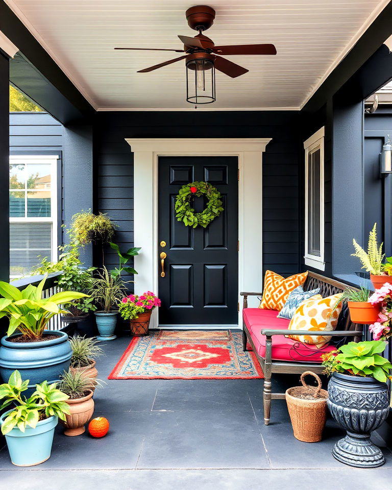 black porch with pops of color
