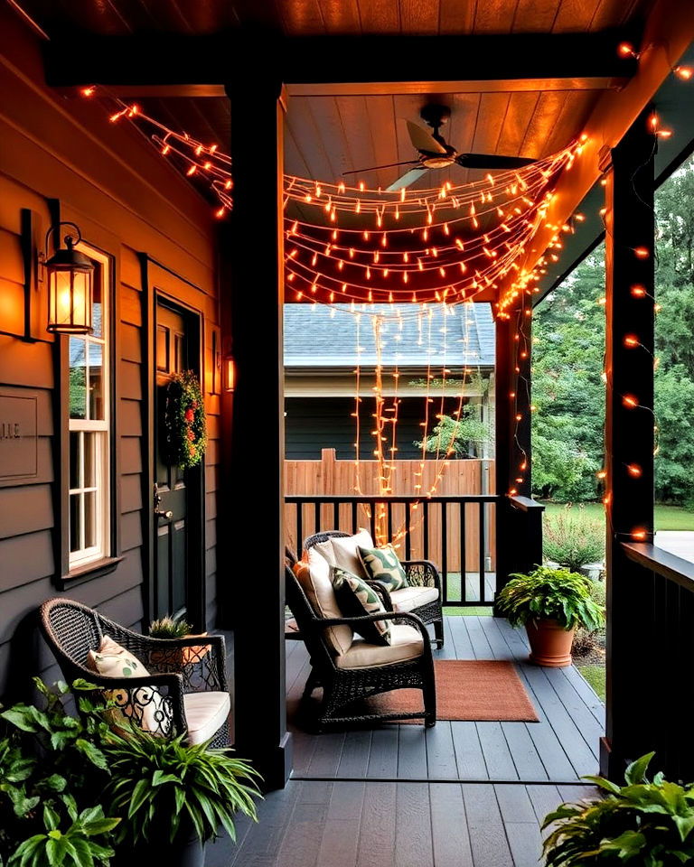 black porch with warm lighting
