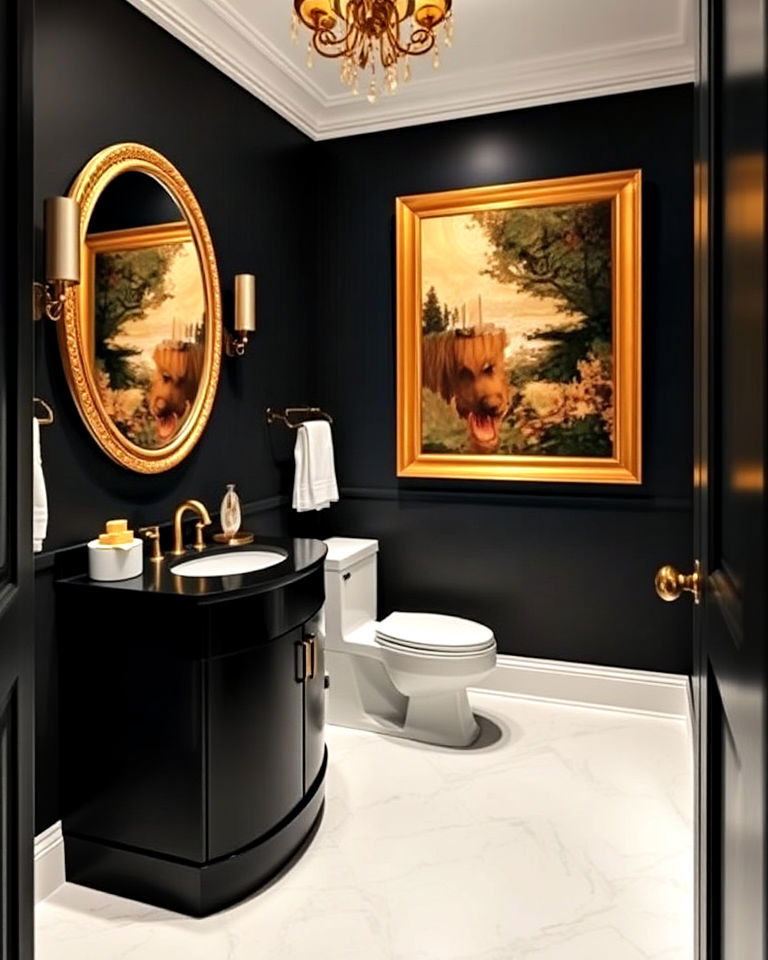 black powder room with gold artwork