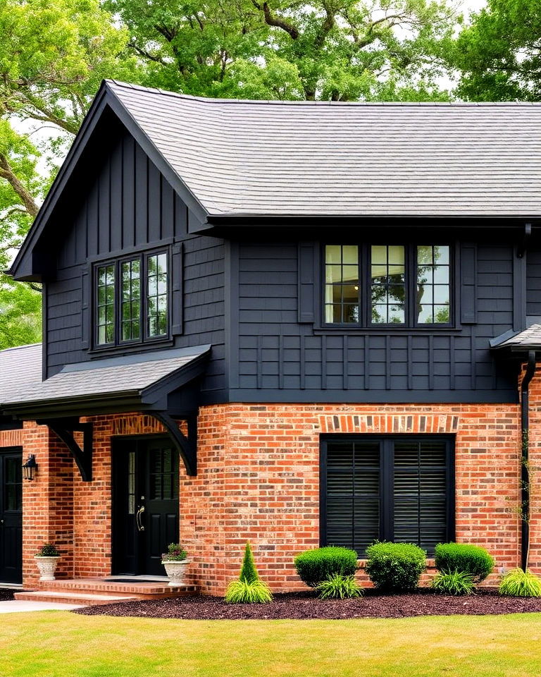 black siding with brick foundations