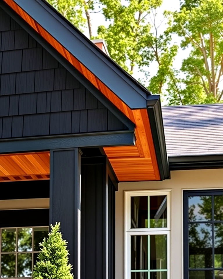 black siding with cedar soffits exterior house