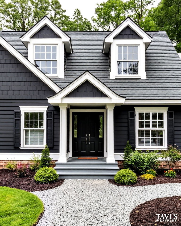 black siding with contrasting white trim