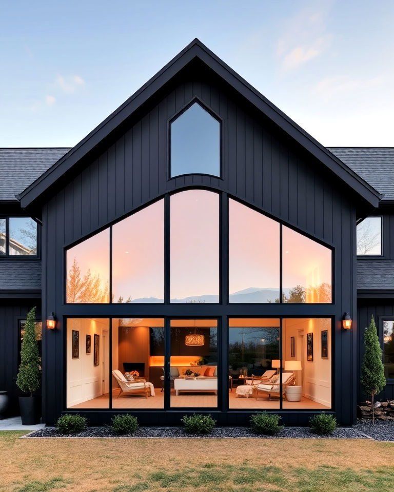 black siding with glass wall features
