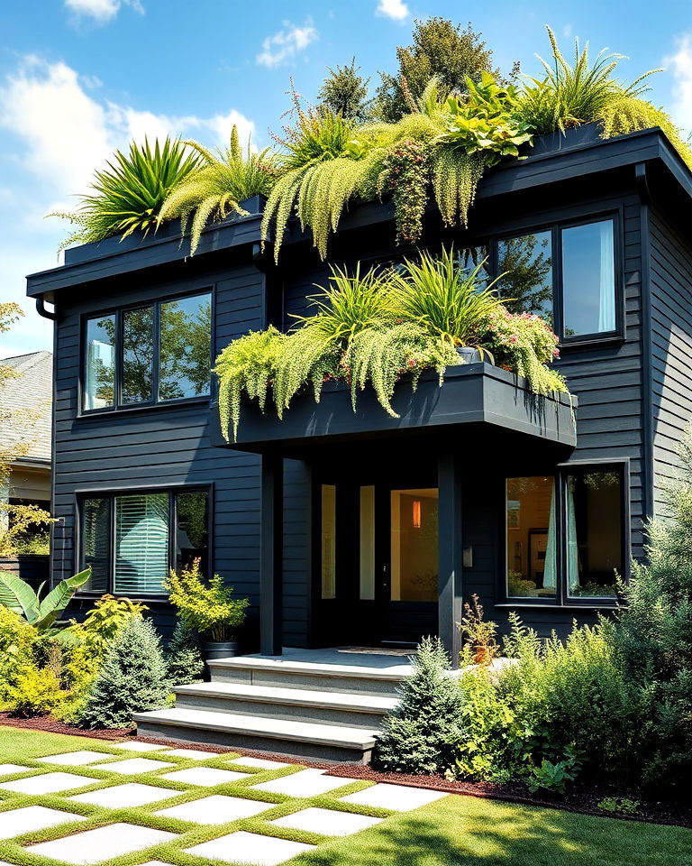 black siding with greenery integration