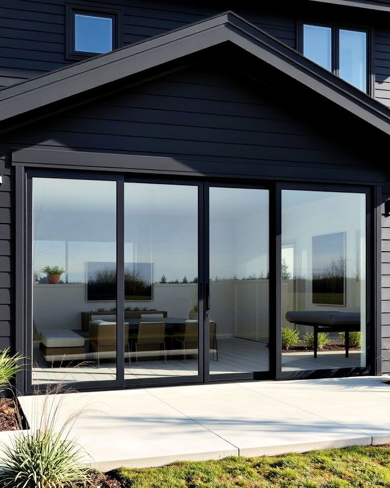 black siding with large sliding glass doors