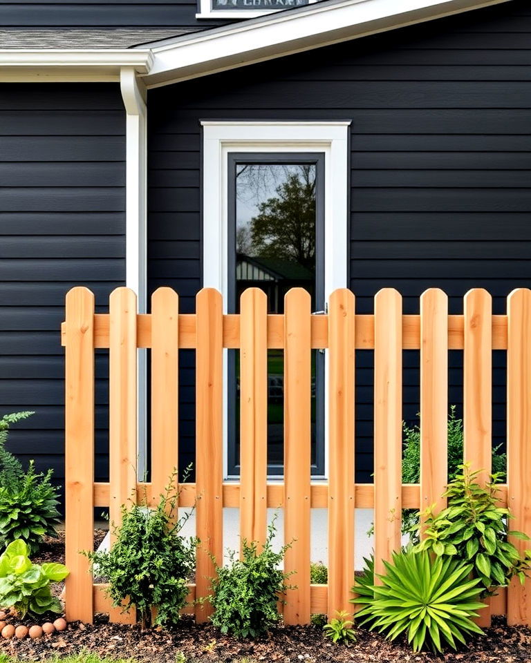 black siding with light wood fencing
