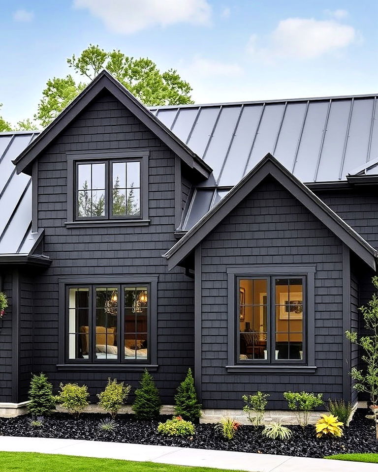 black siding with metal roof accents
