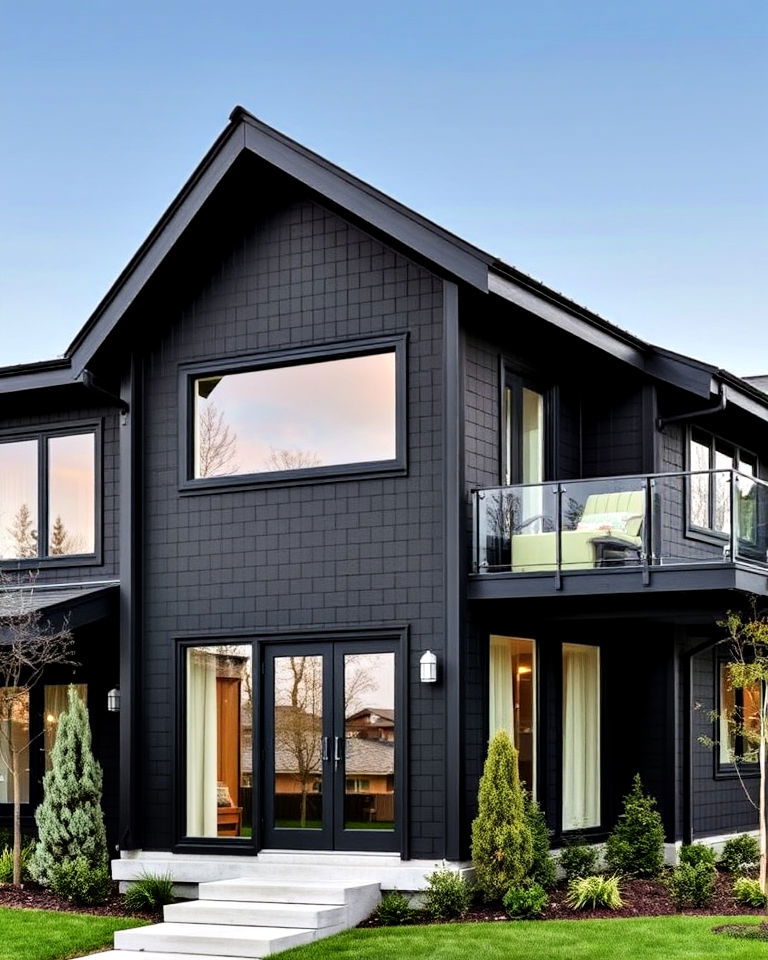 black siding with roofline extensions
