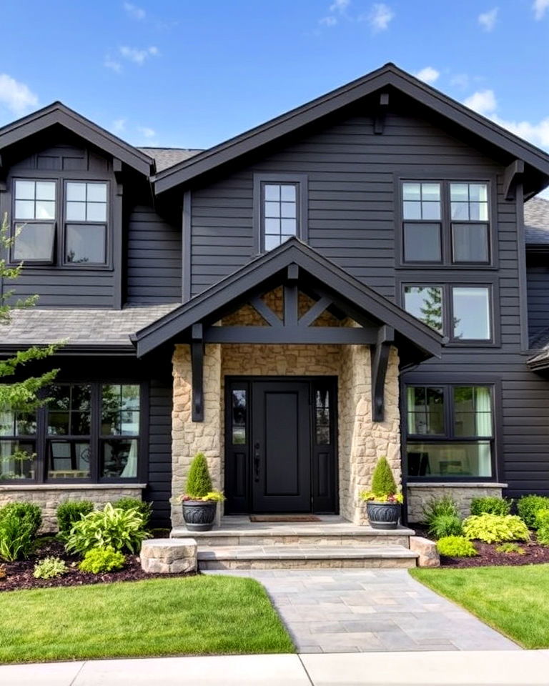 black siding with stone accents