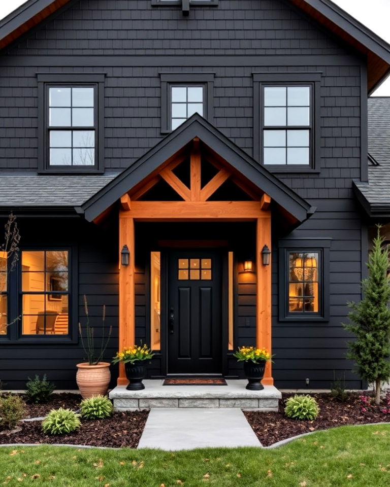 black siding with warm wood accents