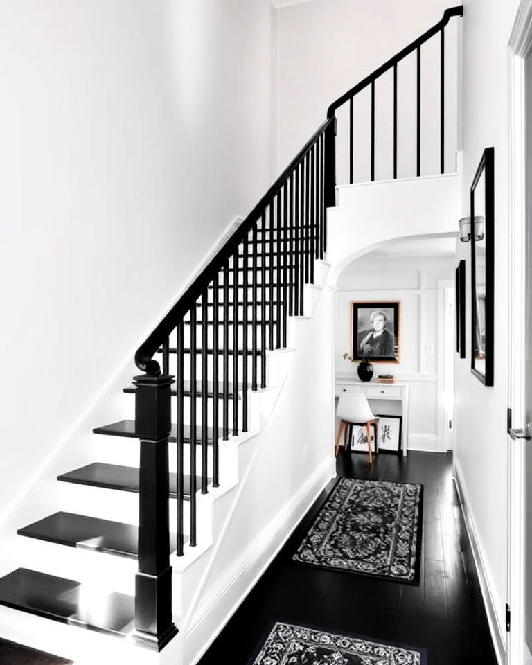 black stair railings with white walls in a hallway