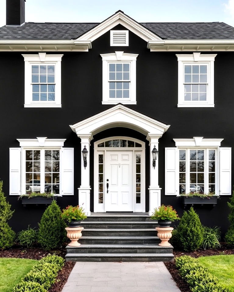 black stucco and white trim exterior house
