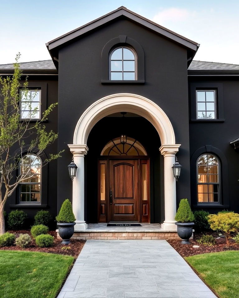 black stucco with arched features exterior house