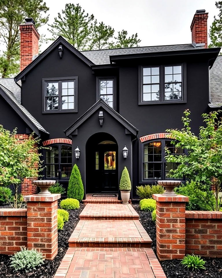 black stucco with brick accents exterior house