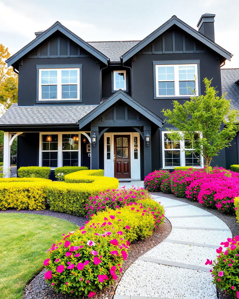 black stucco with bright landscaping exterior house