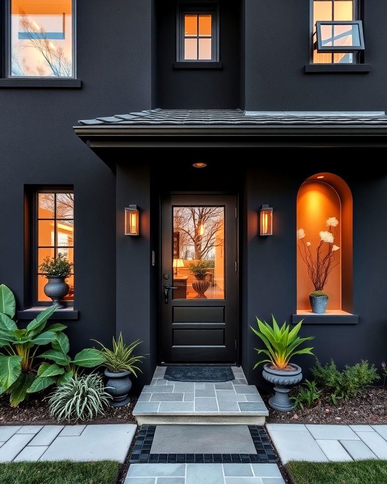 black stucco with carved niches exterior house