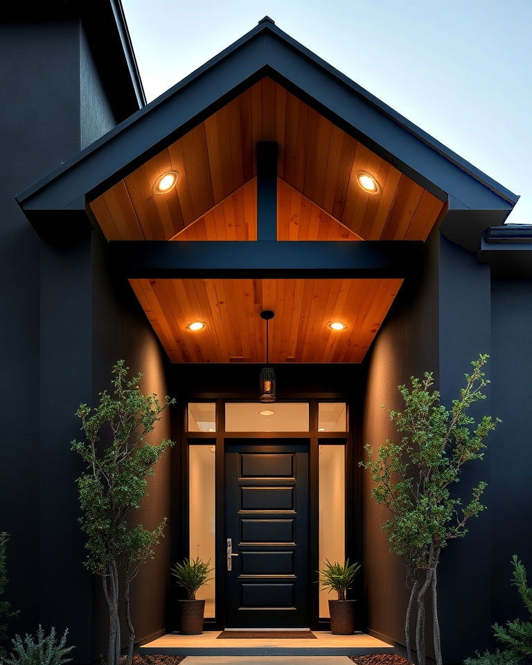 black stucco with cedar lined entryway ceiling