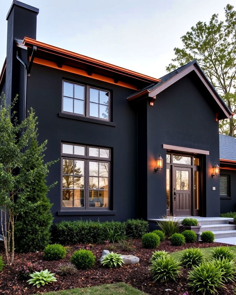 black stucco with copper highlights exterior house
