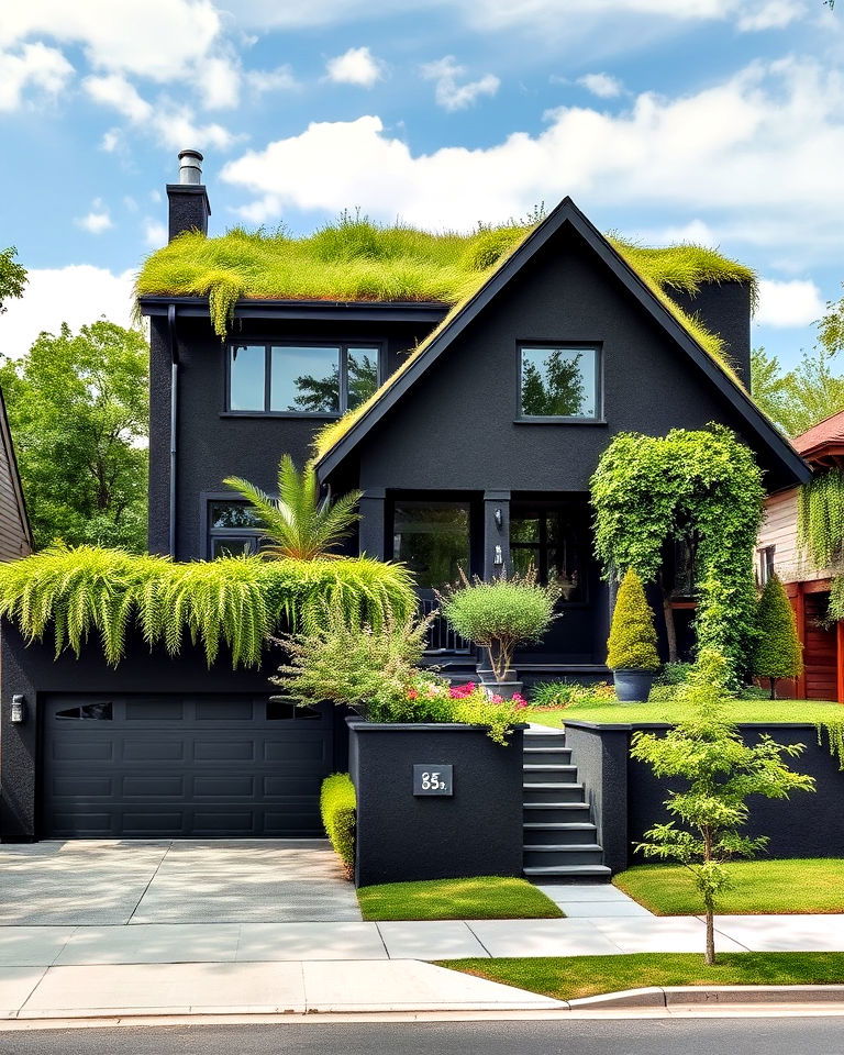 black stucco with green roofs exterior house