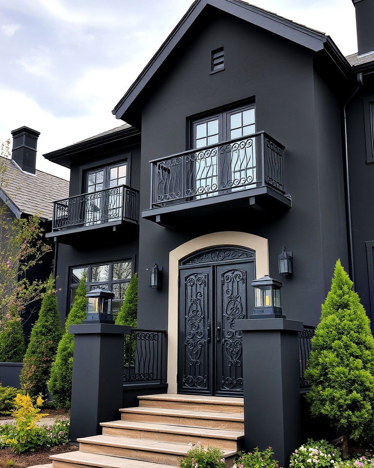 black stucco with ornamental metalwork