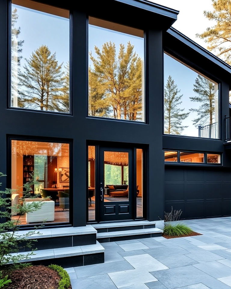 black stucco with oversized windows exterior house