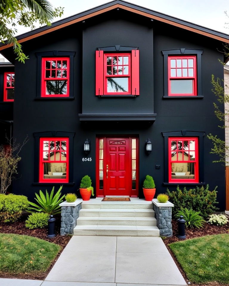 black stucco with red accents exterior house