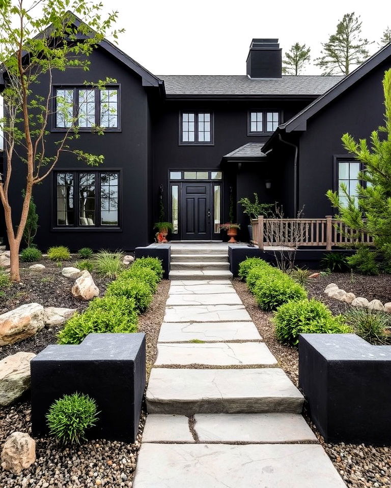 black stucco with stone pathway exterior house