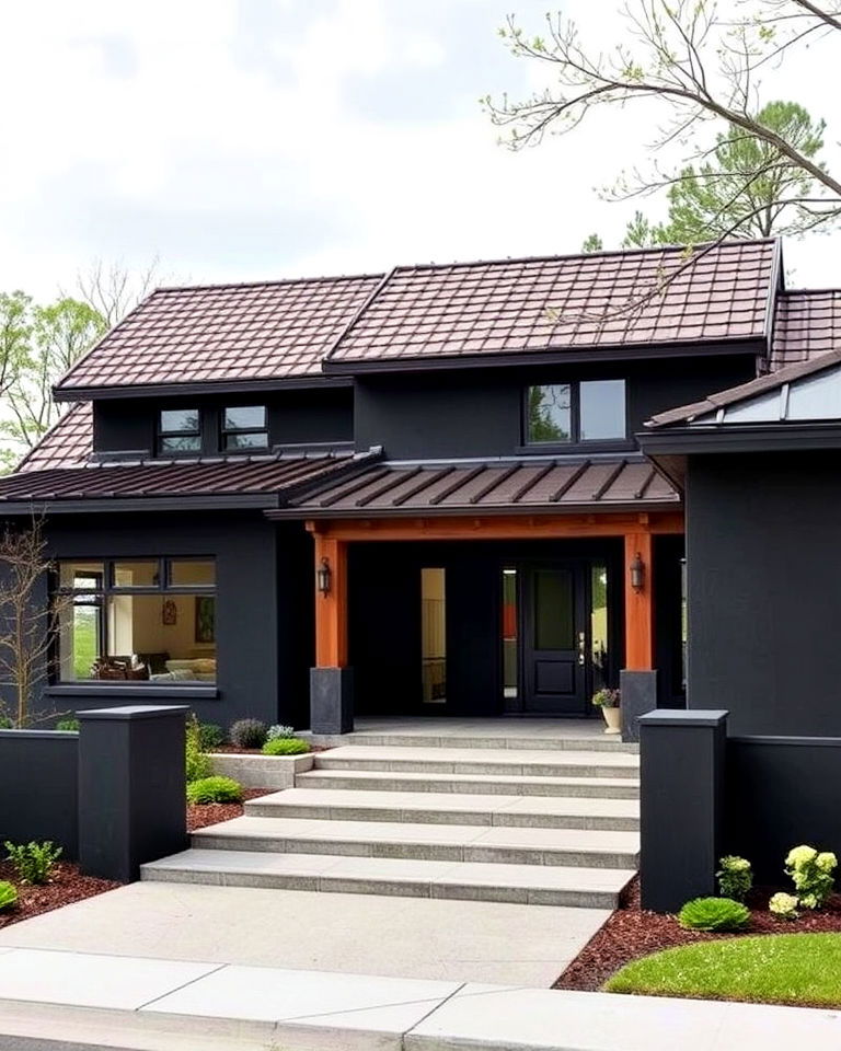 black stucco with unique roof designs