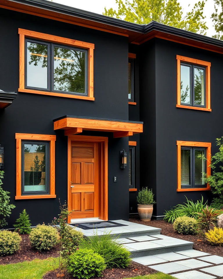 black stucco with wooden accents exterior house