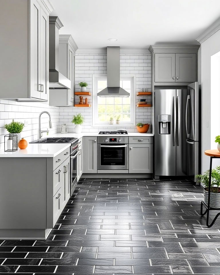 black subway tile flooring for urban kitchens